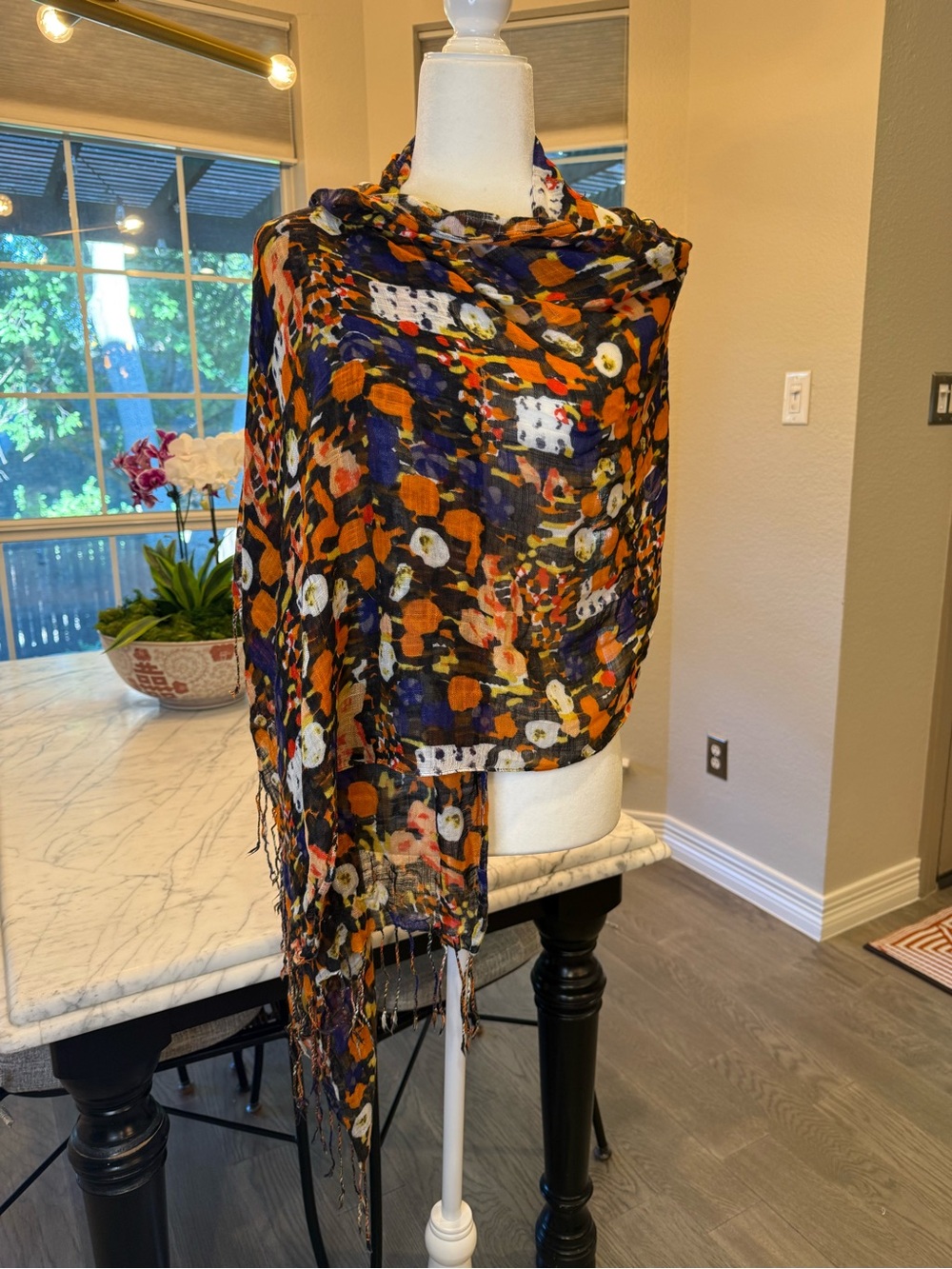 Floral Pattern Lightweight Scarf Wrap in Navy, Orange, White & Black